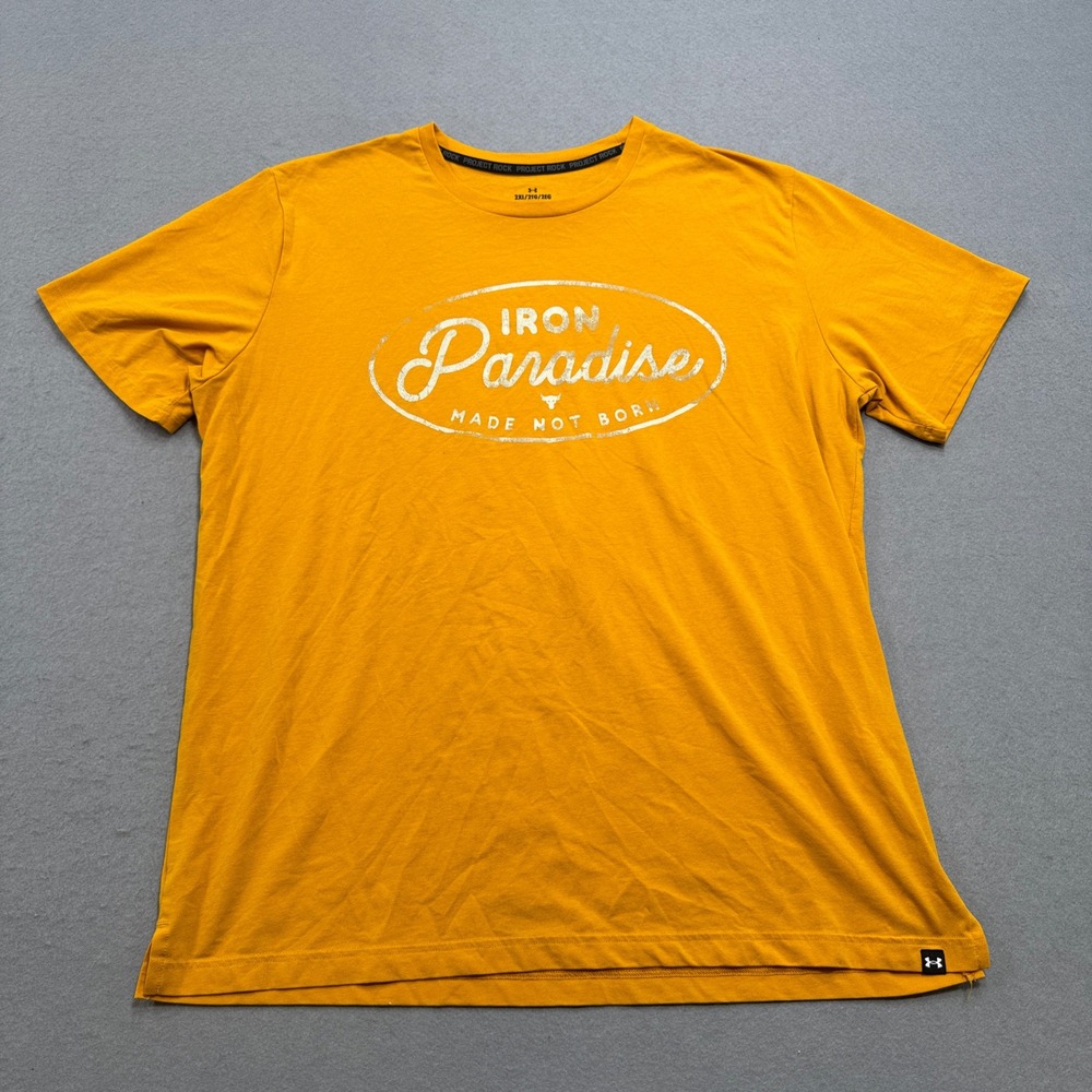Under Armour T-Shirt Men's 2XL Yellow Project Rock Iron Paradise Loose Fit Gym